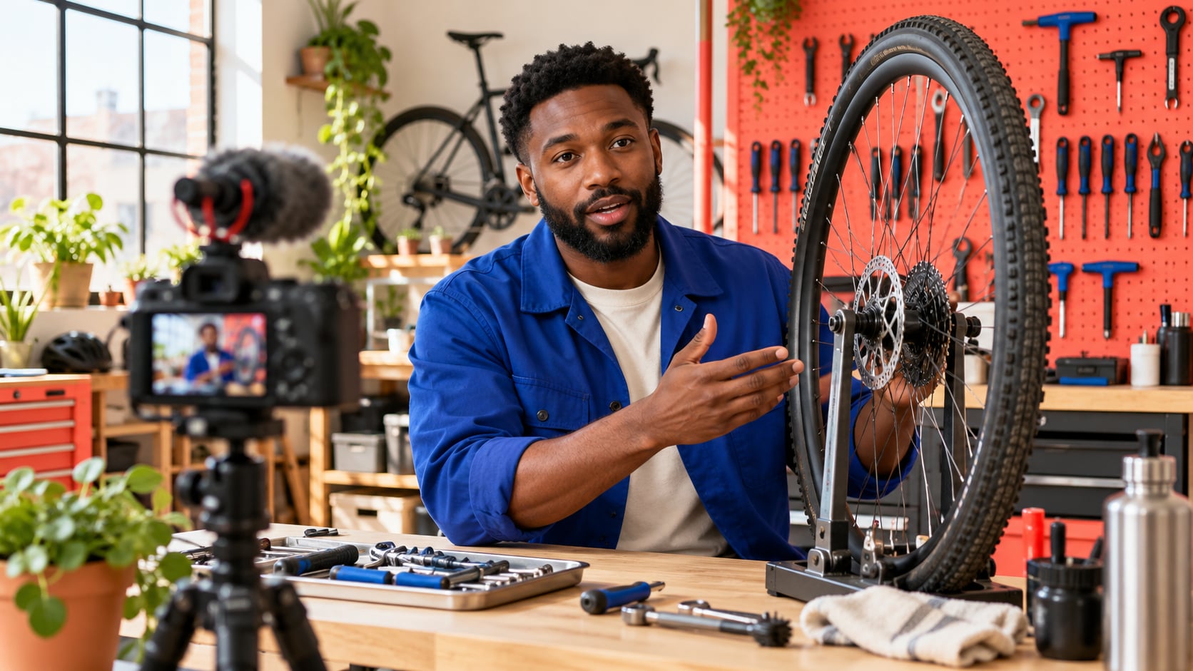 A fictional expert explains a wheel assembly to a camera in a bright bicycle workshop.