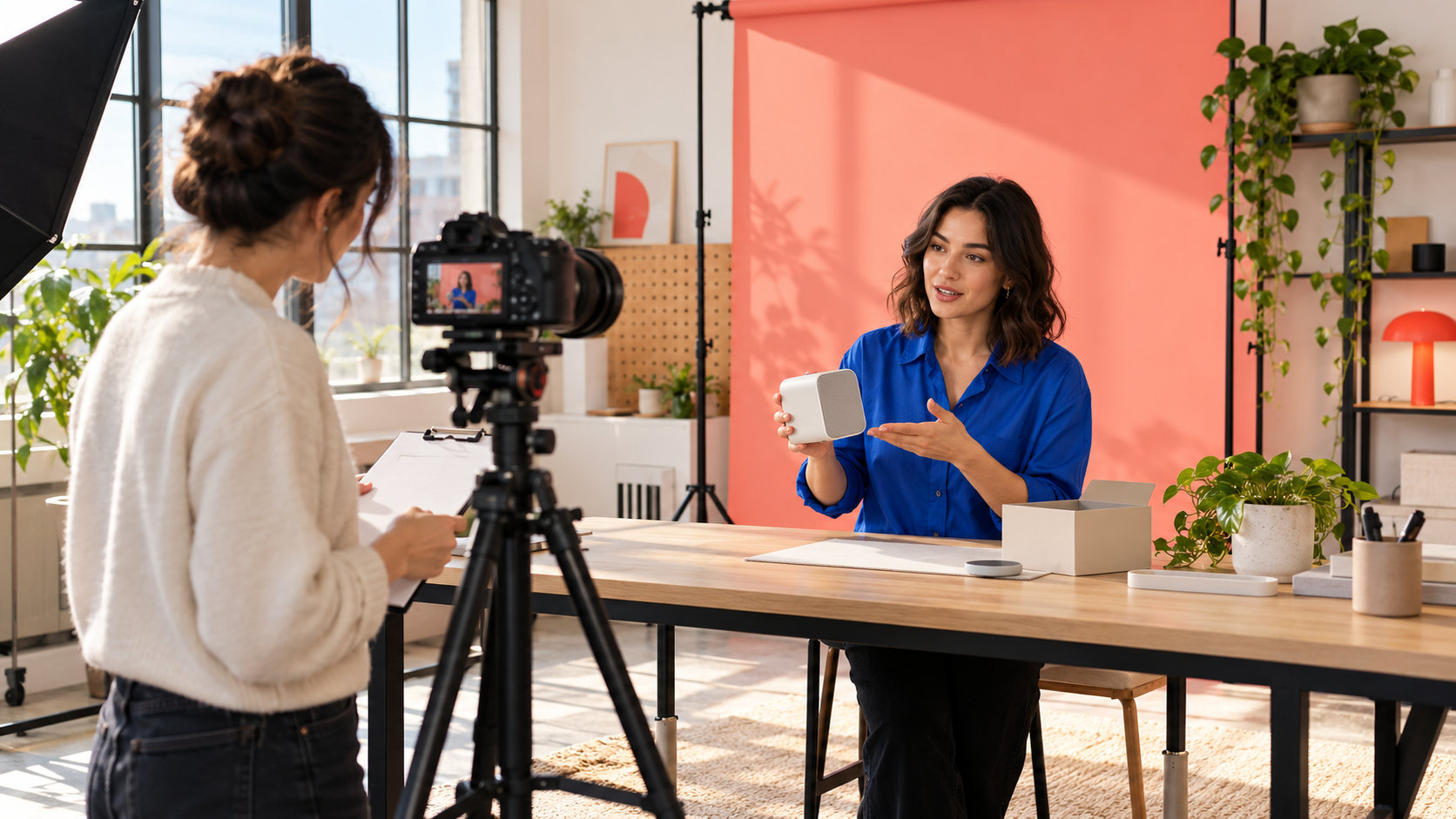A creator demonstrates a desktop device against a coral backdrop while a producer checks the shot list beside the camera.