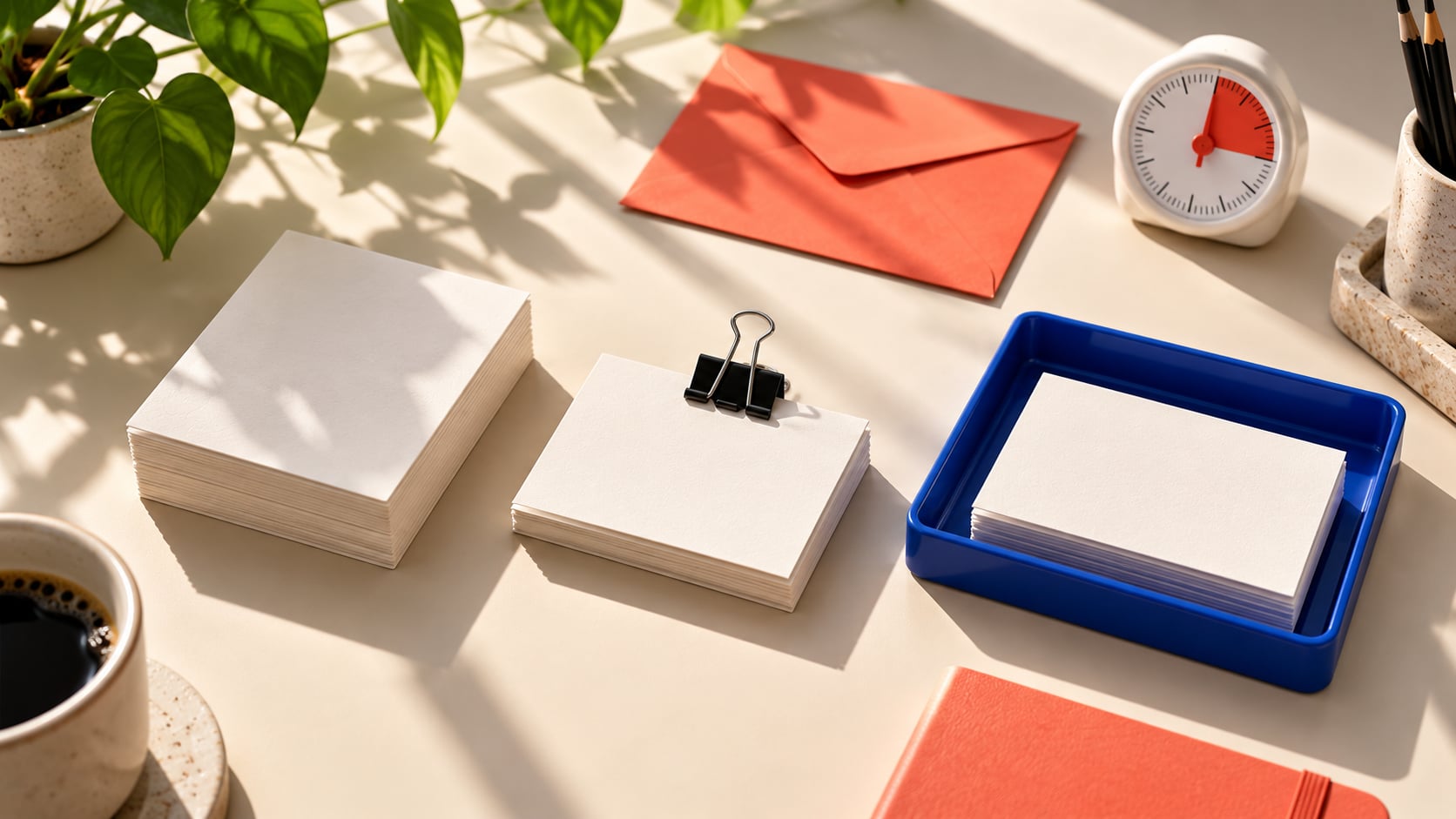 Three stacks of blank project cards, a black clip, coral envelope and cobalt tray arranged for a clear handoff on a bright work surface.