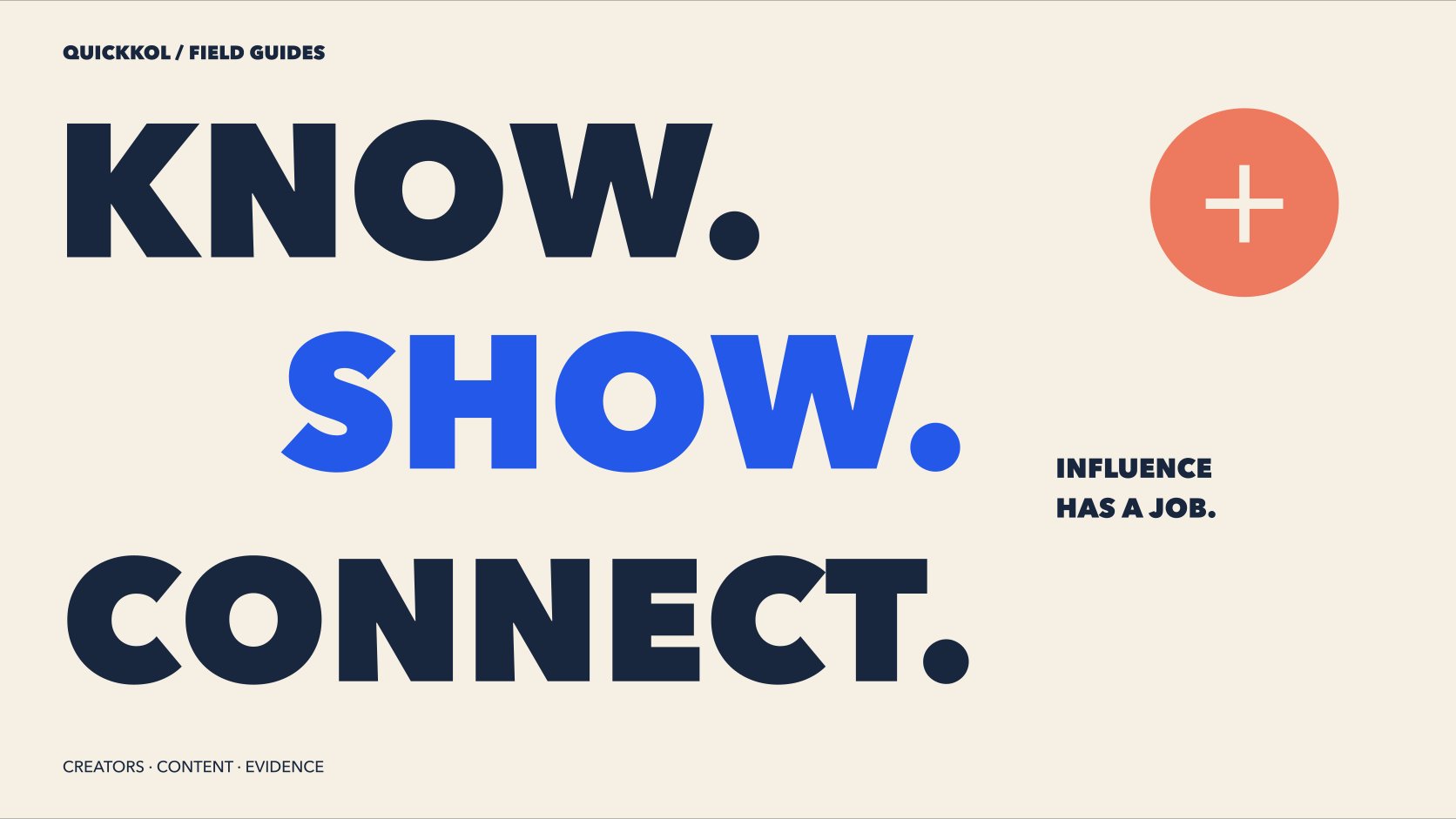 Large KNOW, SHOW and CONNECT typography represents three contributions to influence