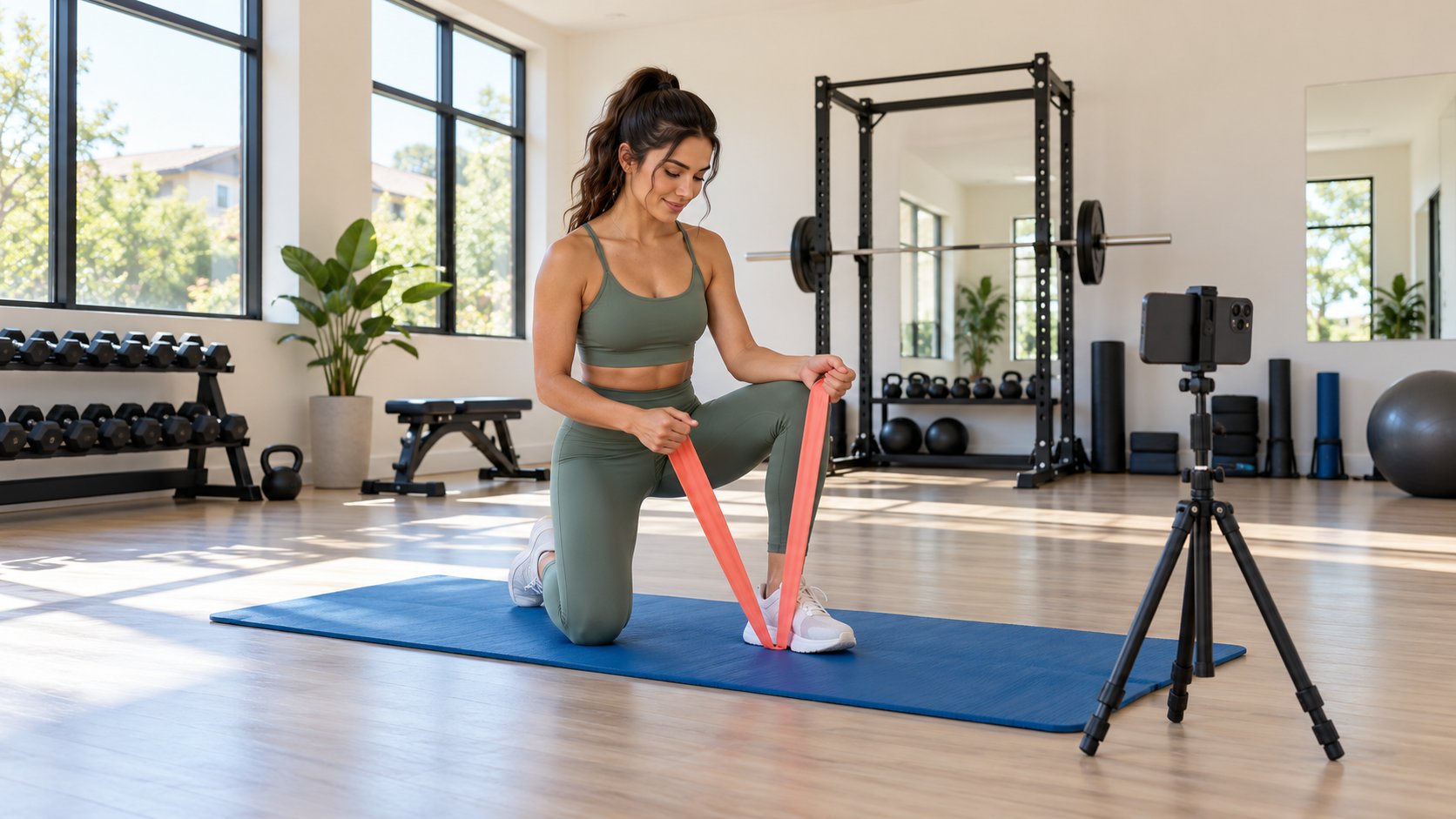 A fitness creator preparing a resistance-band demonstration and smartphone filming setup in a bright gym
