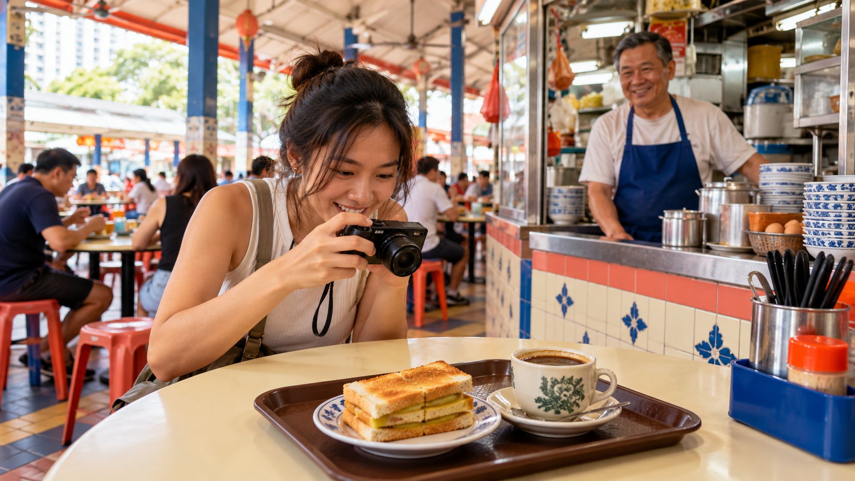 A food creator photographing kaya toast and kopi in a Singapore hawker centre