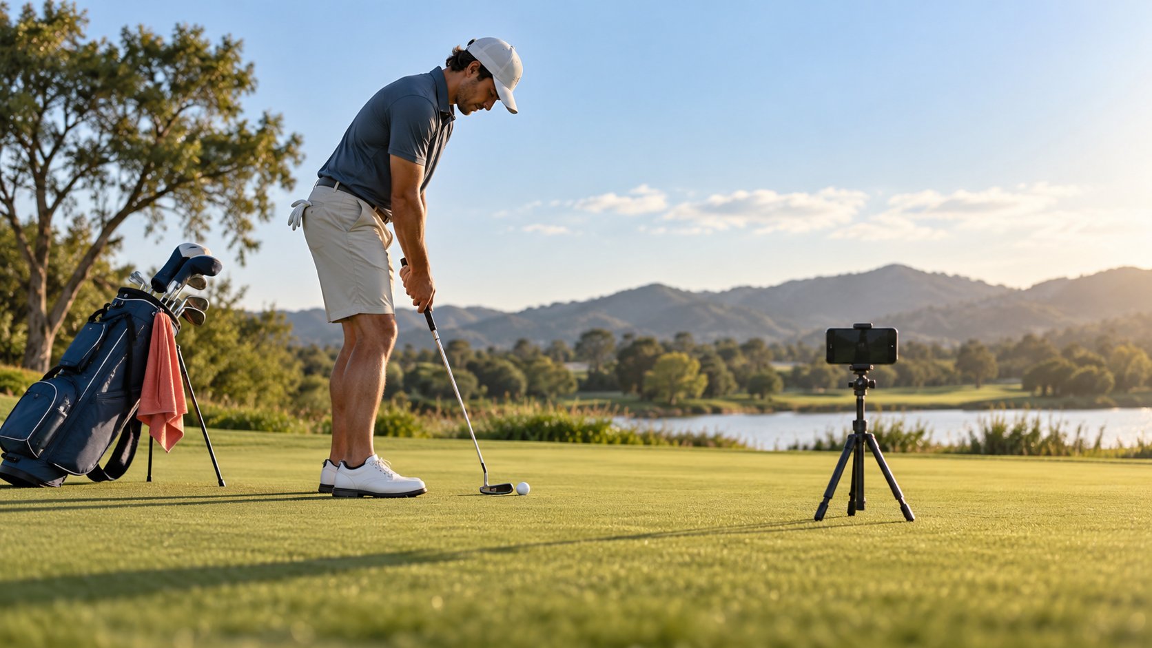 A golf creator setting up a phone camera beside a putting demonstration on a practice green