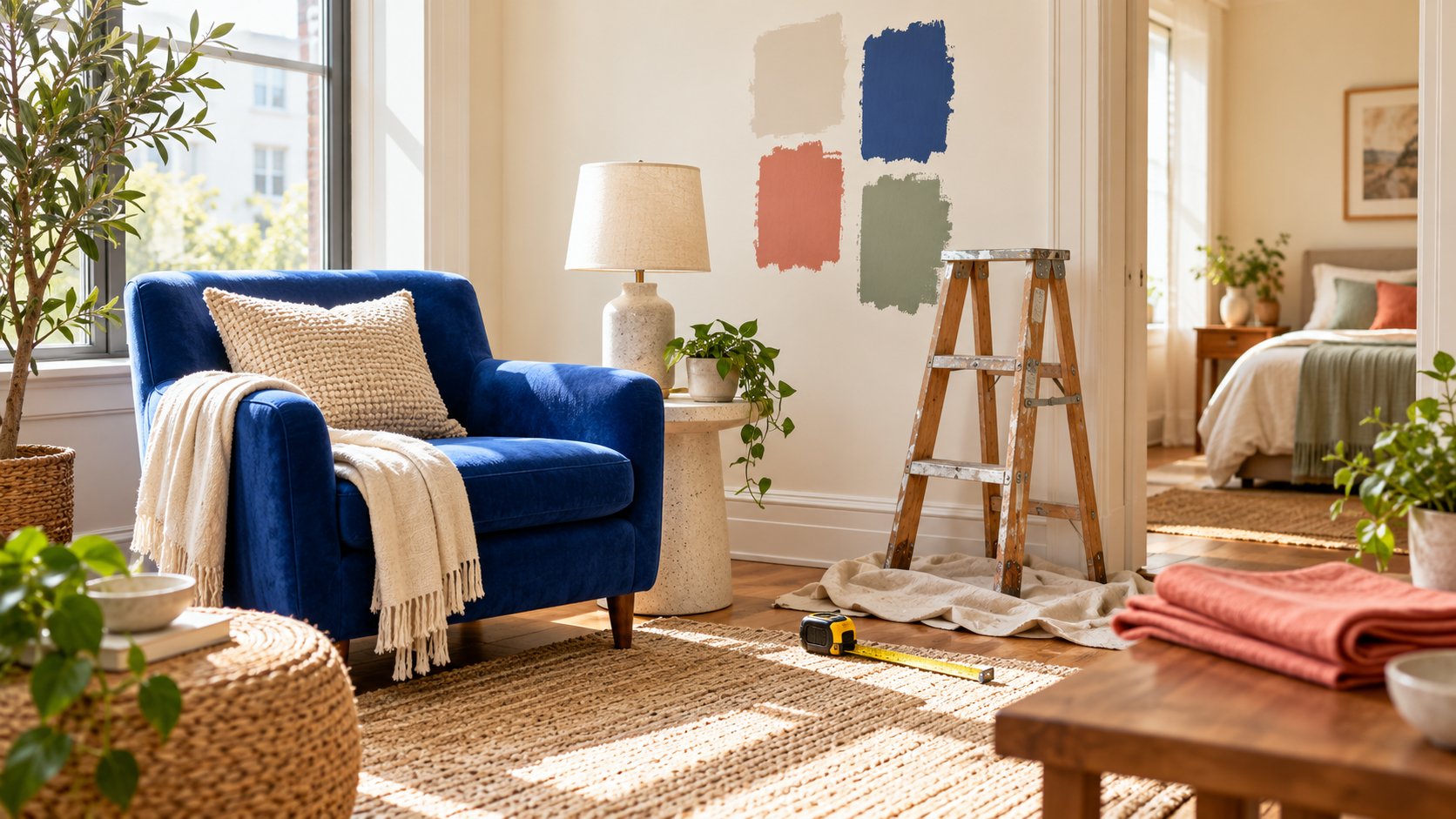 An airy home makeover space with fabric swatches, a lamp and practical tools, without people