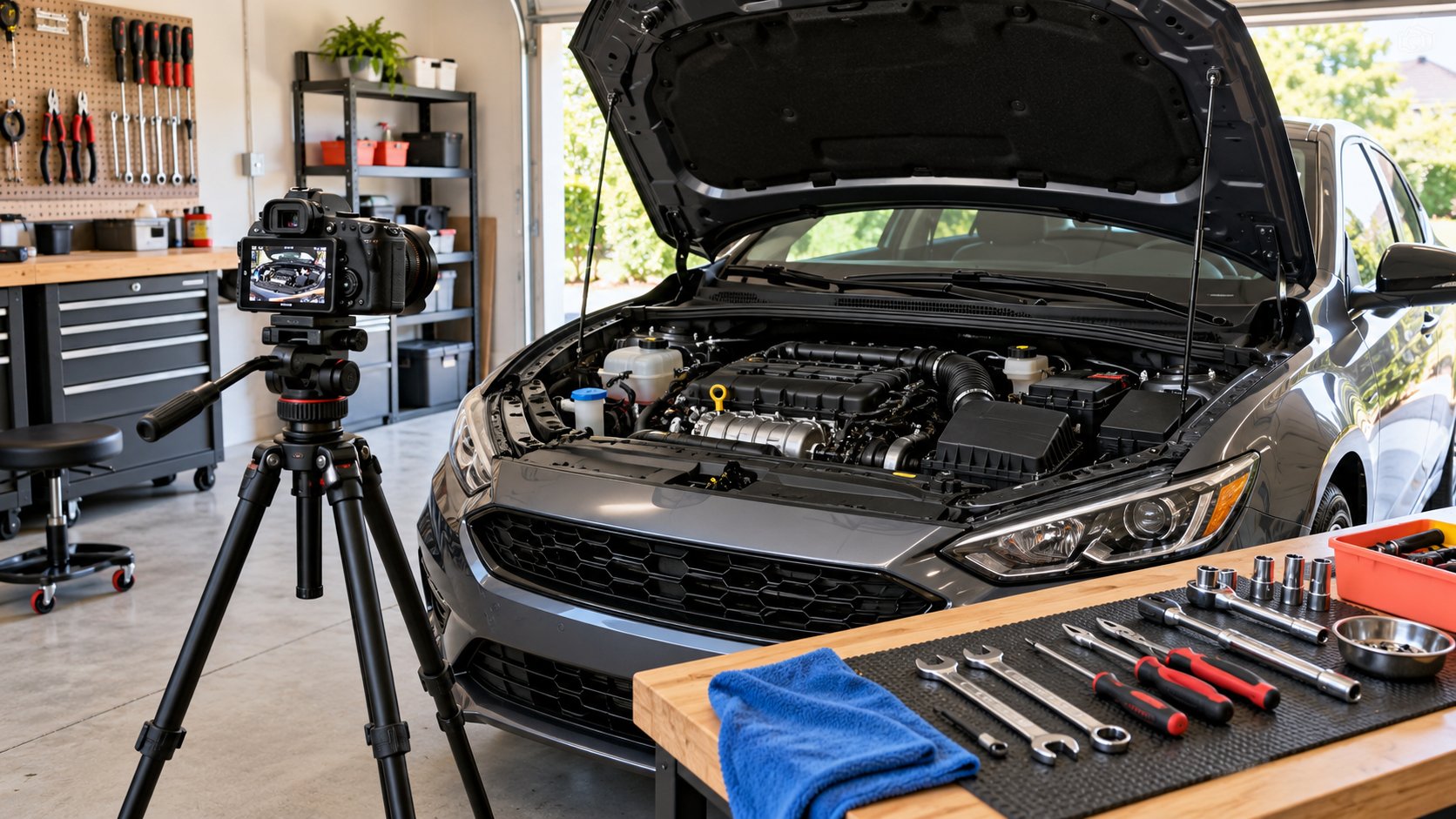 A camera faces an open car hood and organized tools in an ordinary bright garage