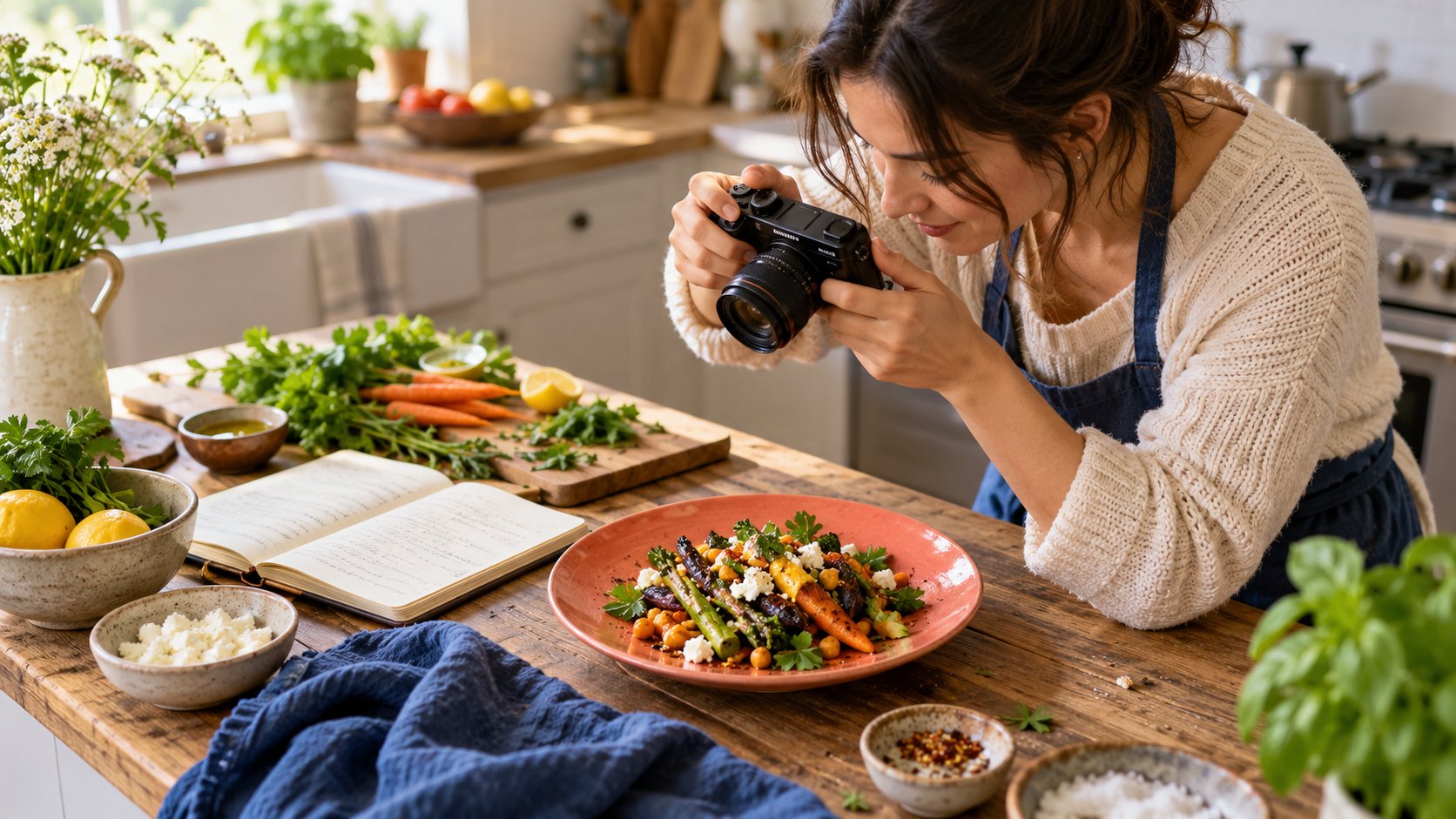 A recipe creator photographing a dish in progress in a bright home kitchen