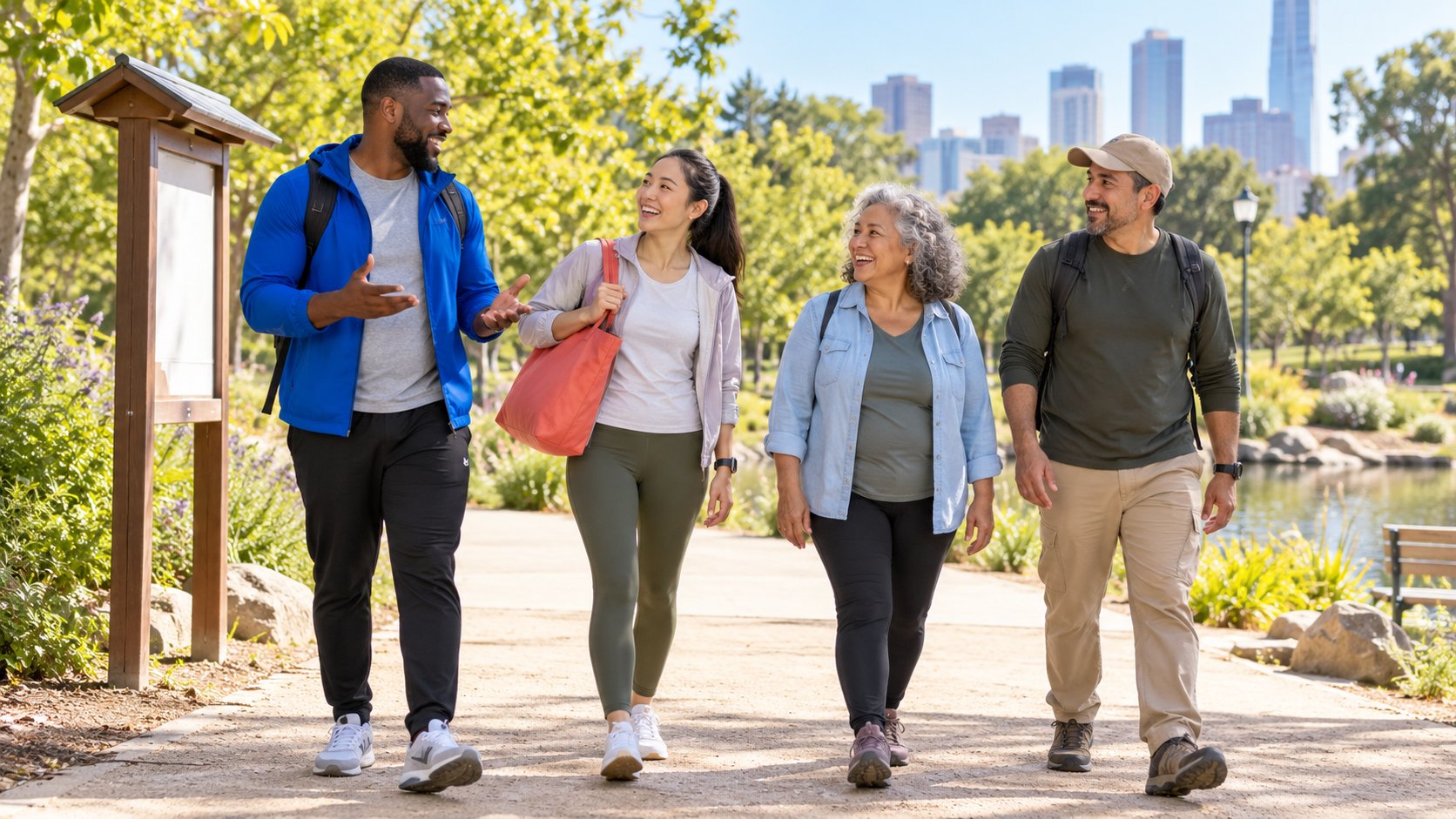 Community members gathering in a park before a walking activity