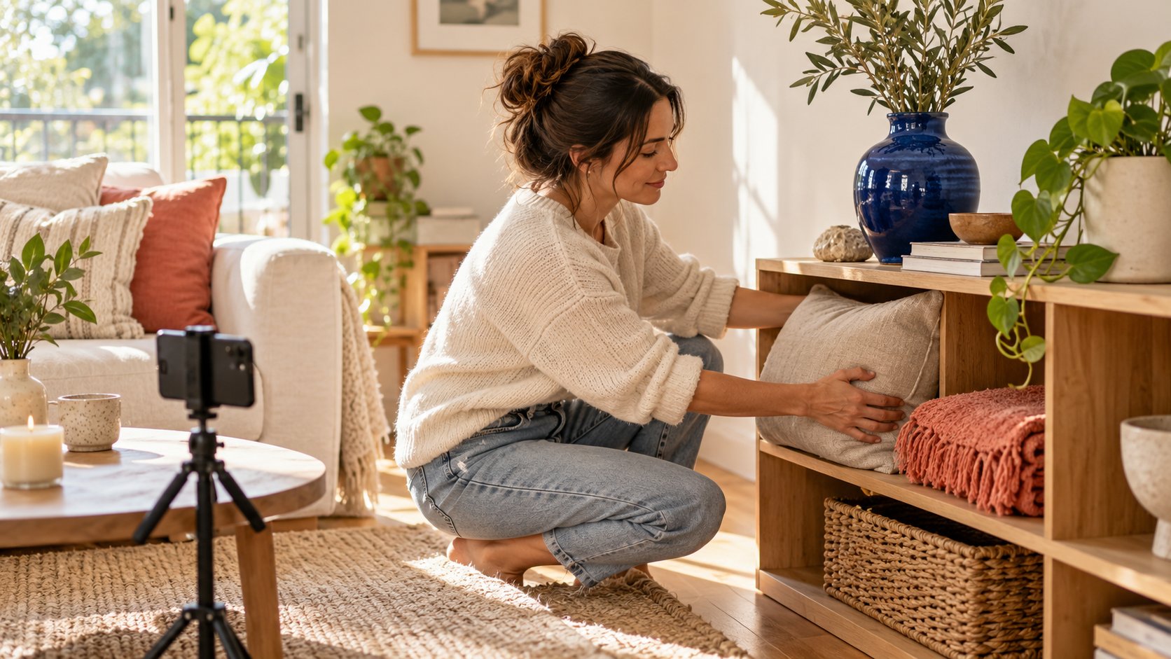 A creator styles cushions in a bright rental room beside a phone tripod