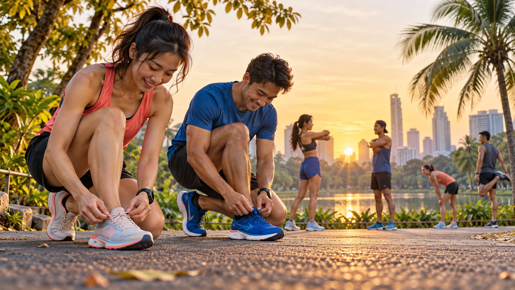 Adult runners prepare in a Bangkok park at dawn