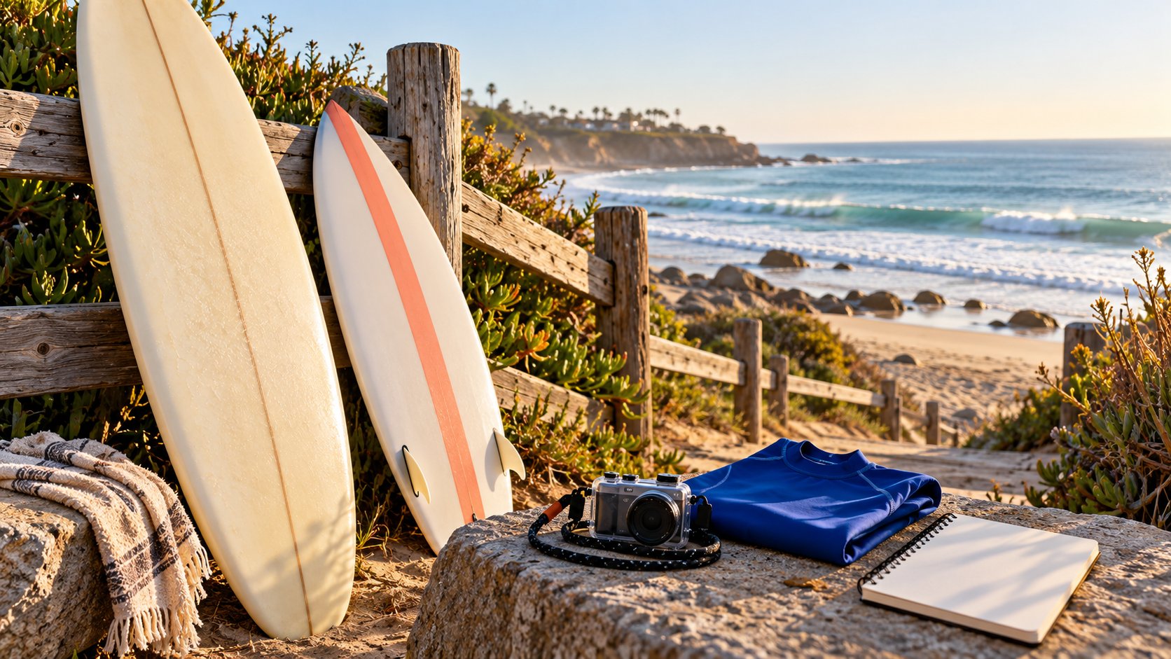 Surfboards, a camera and a cobalt rashguard beside the beach