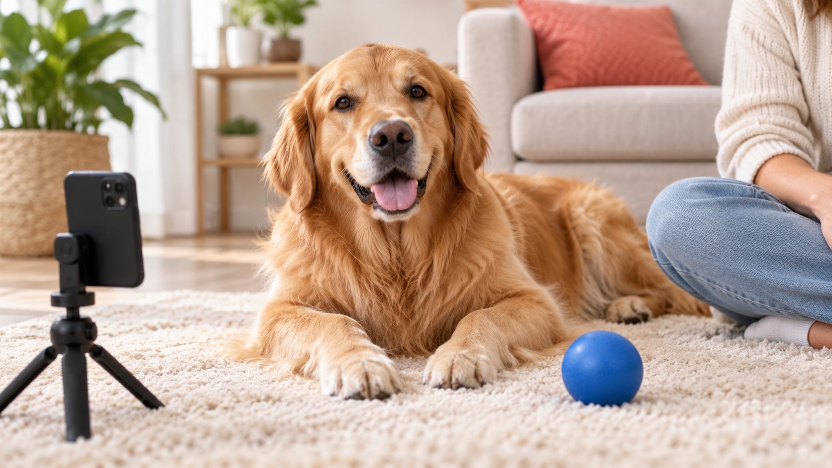 金毛犬在主人和低位手机支架旁放松休息