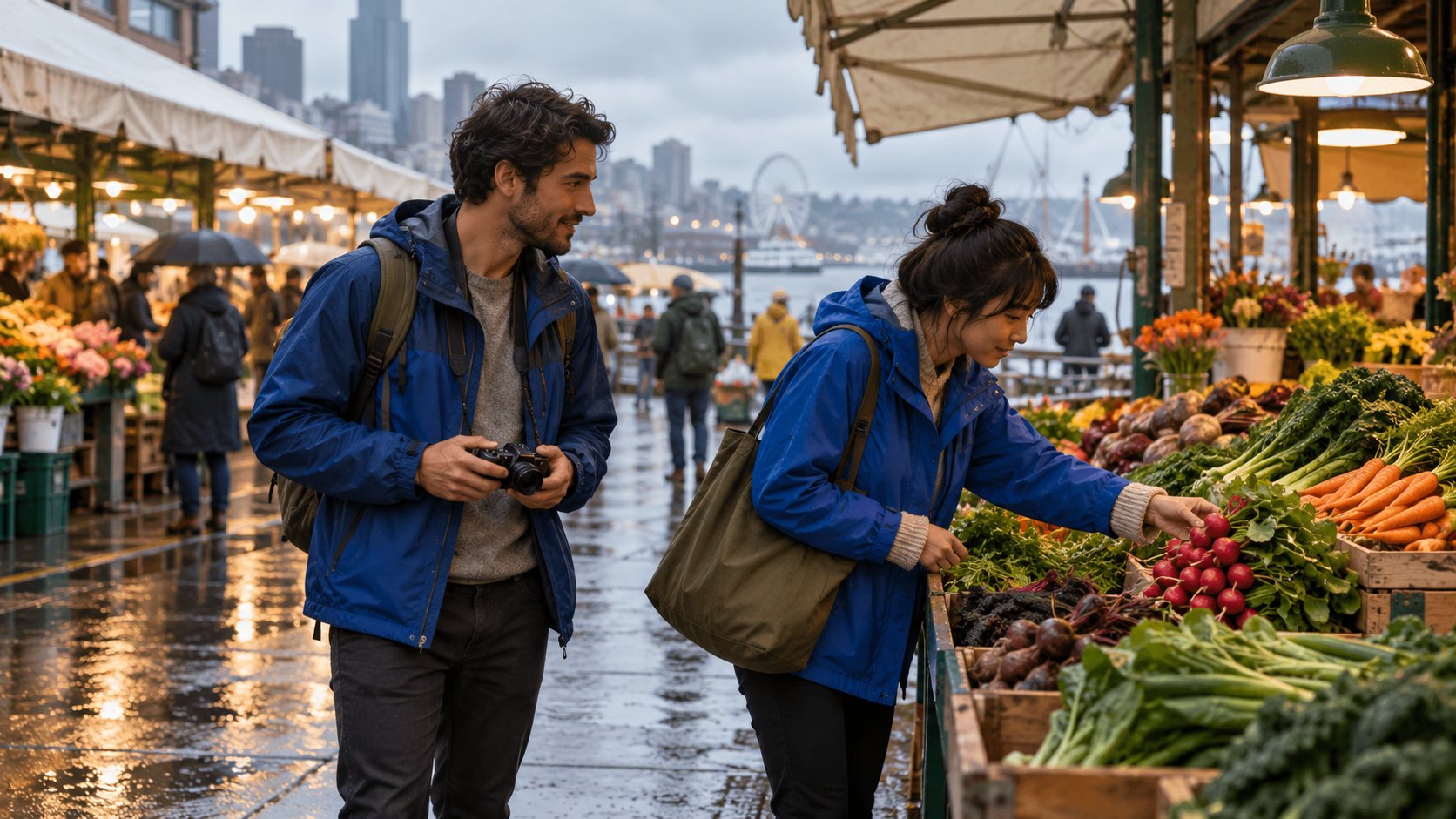 Two food storytellers scout produce in a rainy Seattle market