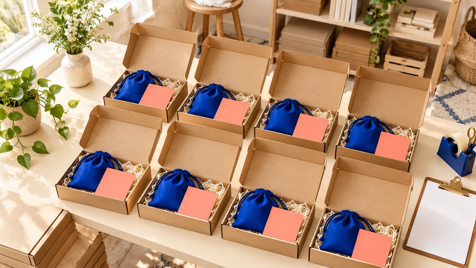 Separate creator-pilot kits arranged on a bright packing table
