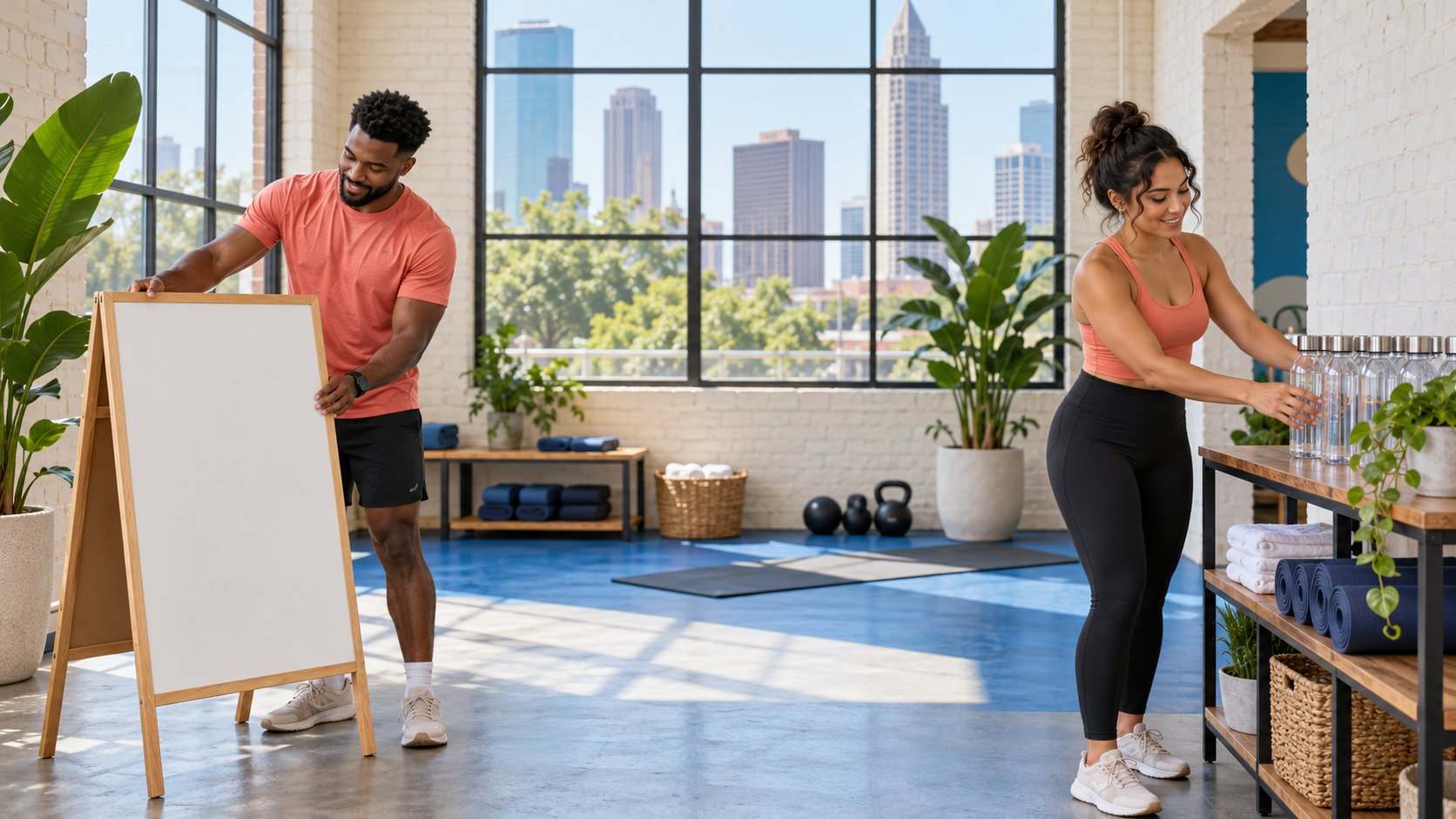 Two adult fitness hosts prepare an event in a bright studio