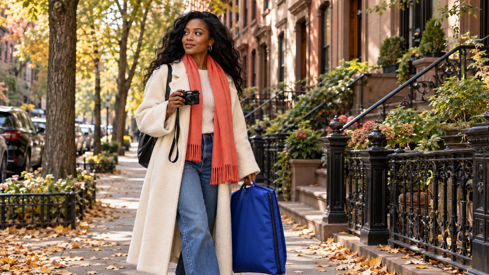 An adult fashion creator scouts a New York brownstone street