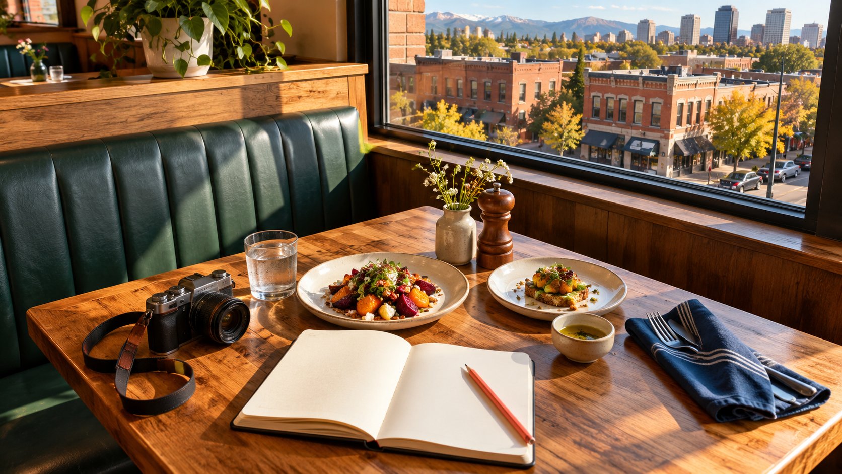 Food, camera and a blank notebook beside a Denver restaurant window