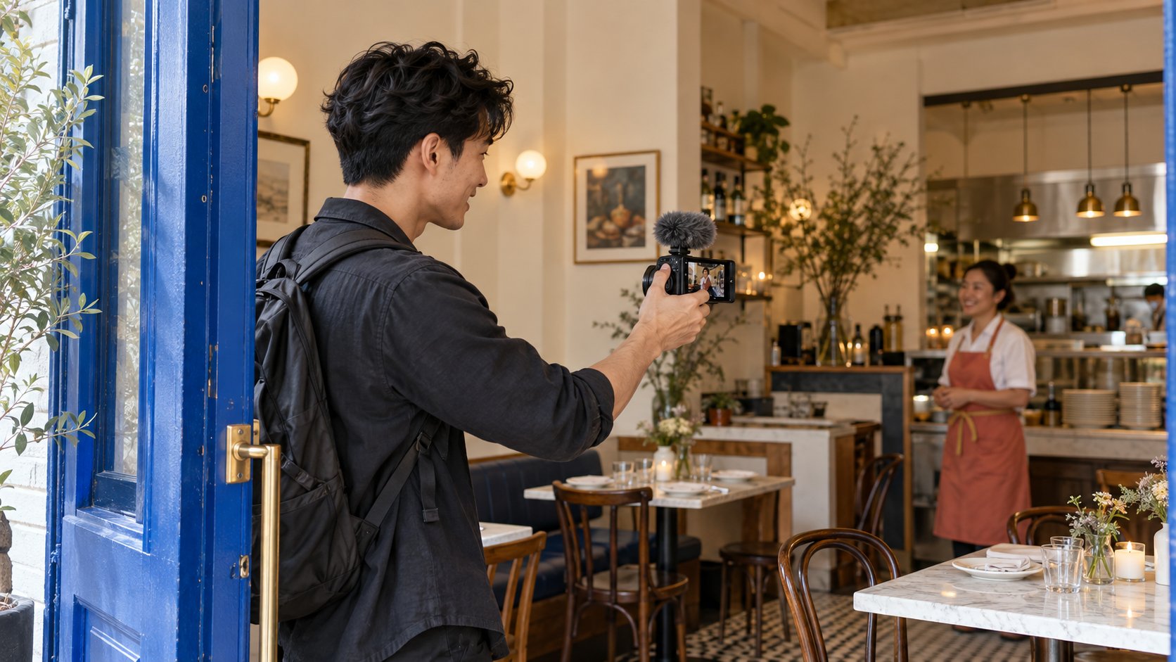 An adult food creator records a New York restaurant arrival