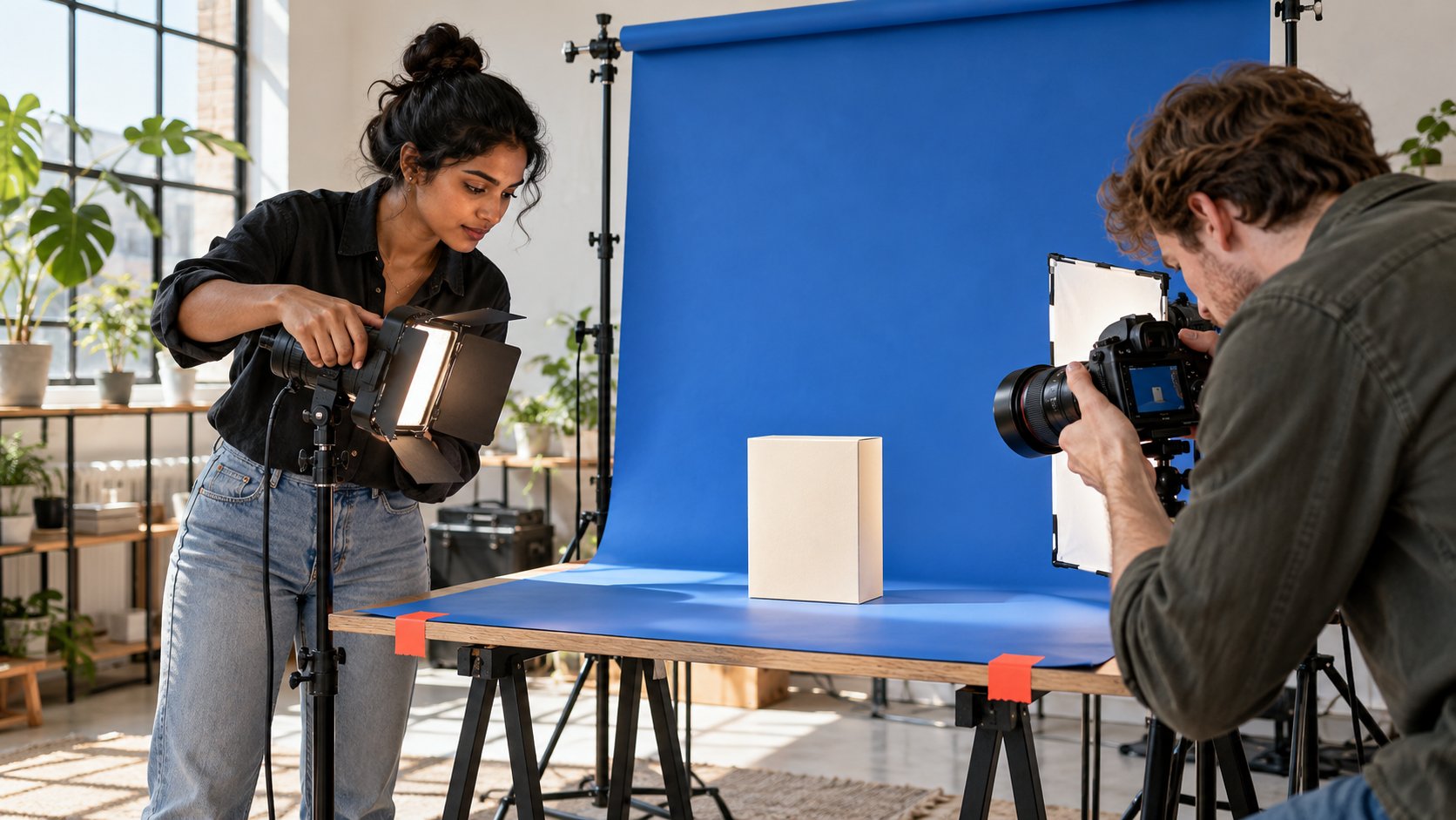 Two adult creators prepare separate shots in a small product studio