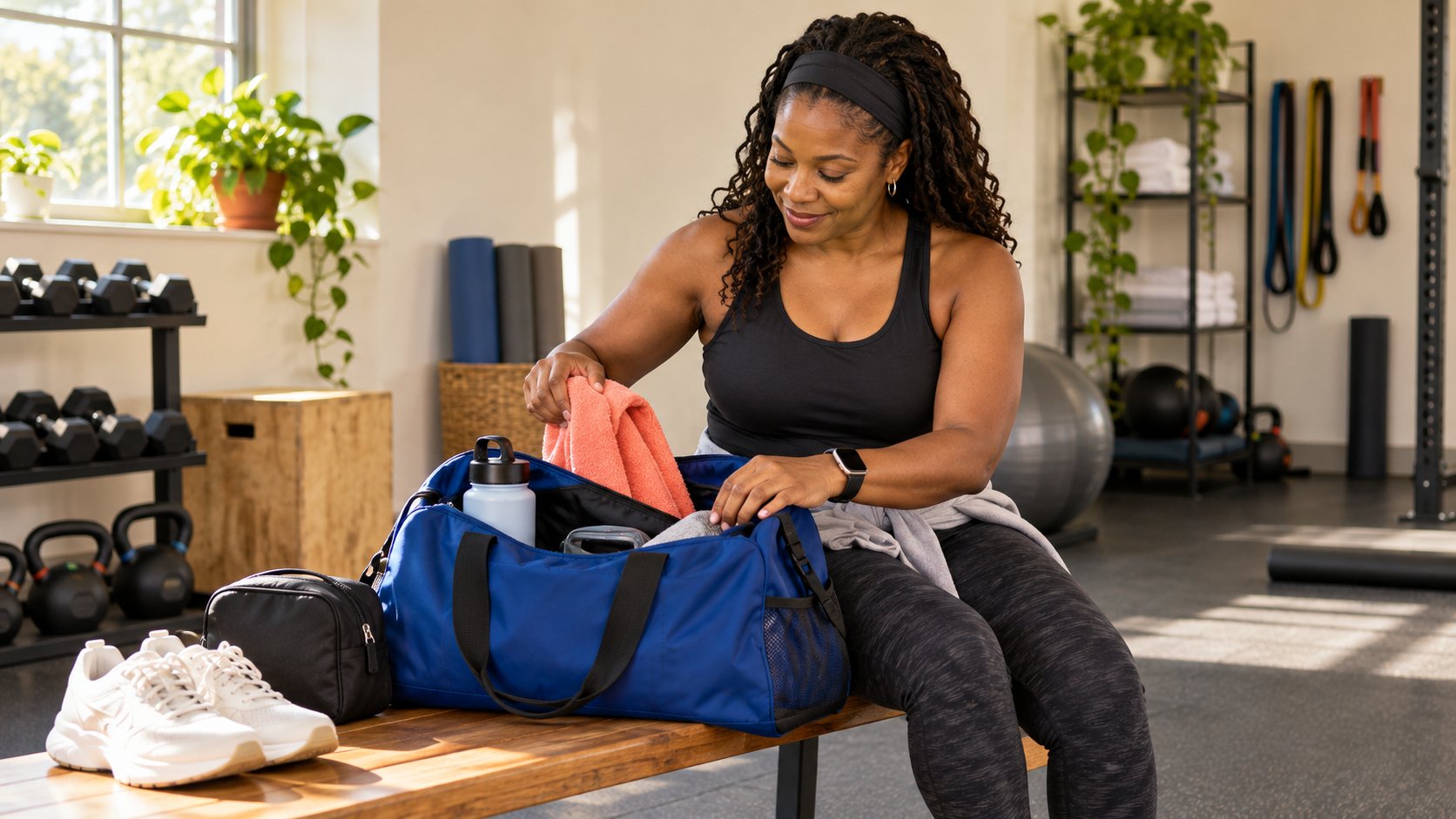 An adult female fitness creator organizes a bag in a training space