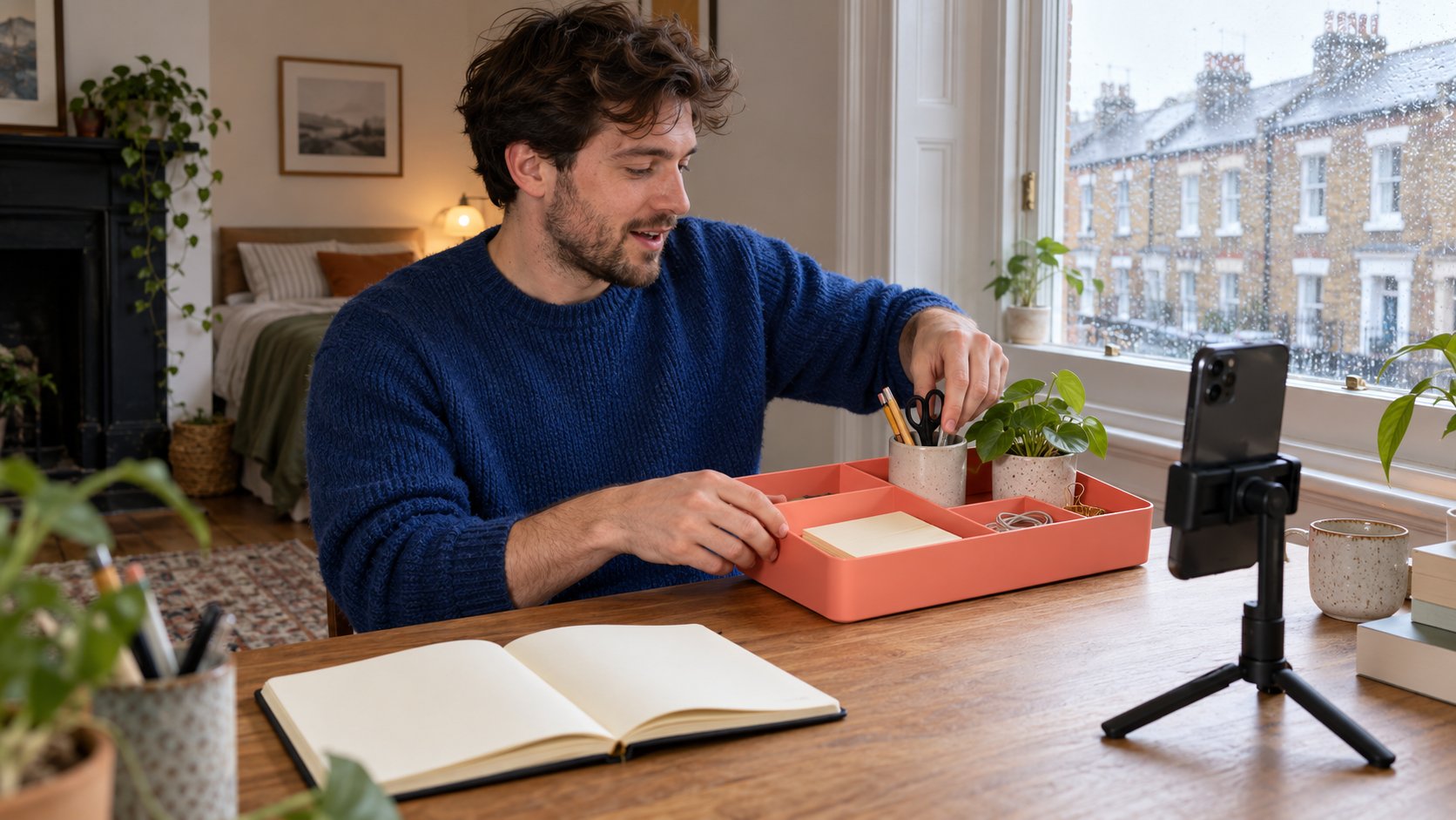 An adult UK creator films a home-organization demonstration on a rainy day