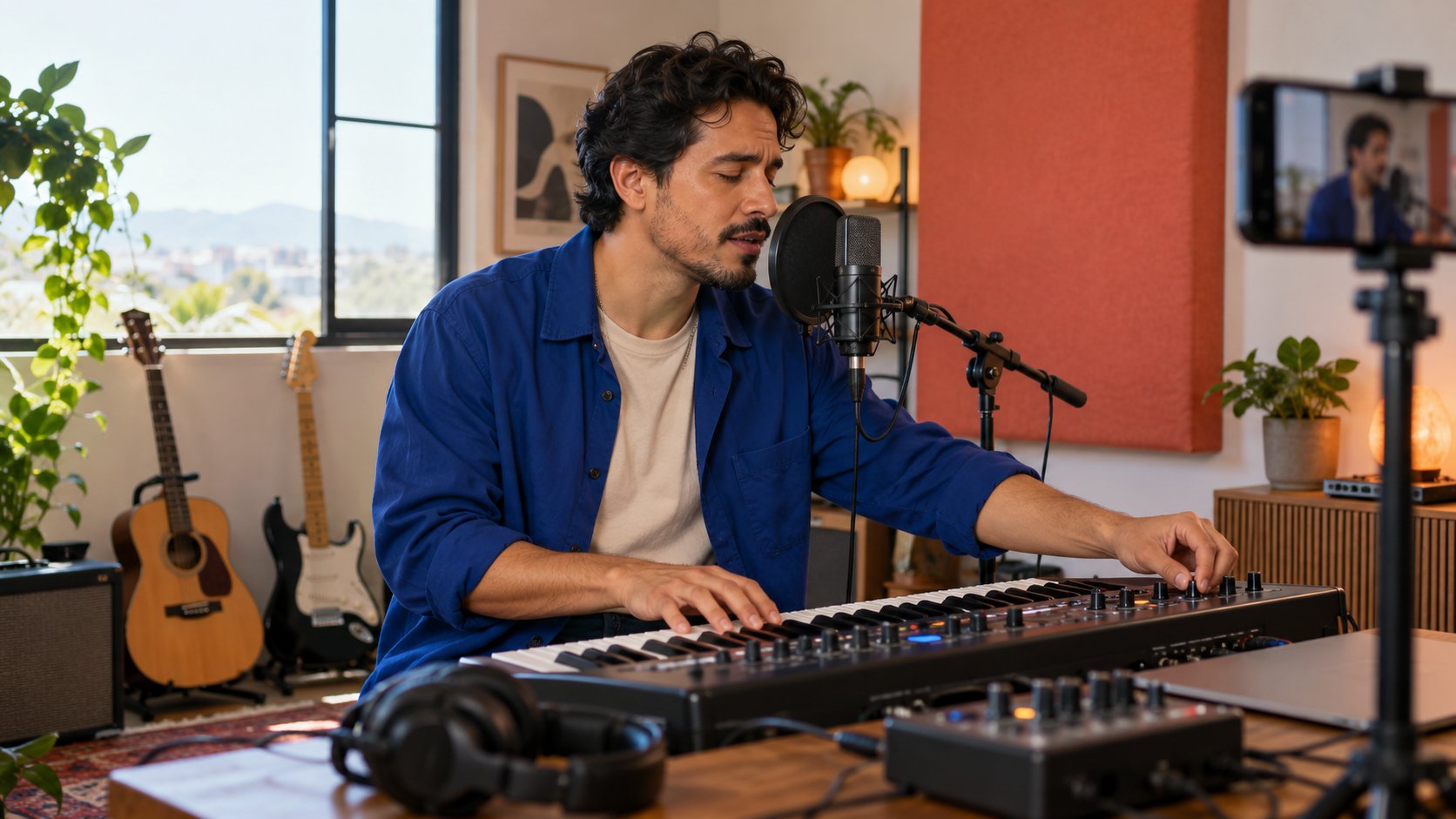 A fictional adult musician records a phone performance beside a keyboard and microphone