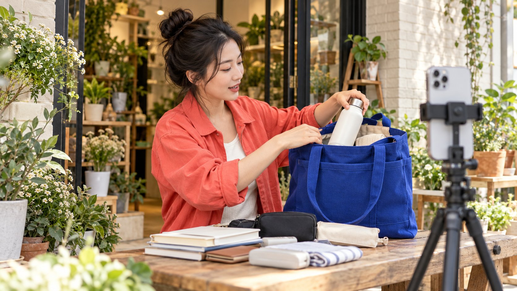 A fictional creator packs everyday items into a cobalt work bag outside a plant shop, with a phone camera nearby.
