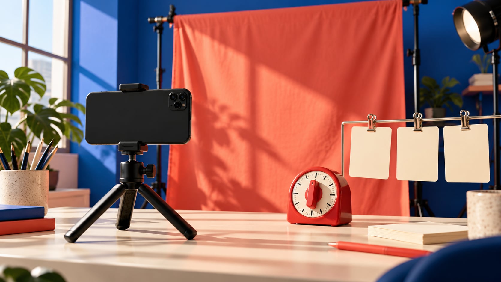 Sunlight falls on a phone tripod, coral filming backdrop, blank cue cards and a red timer.