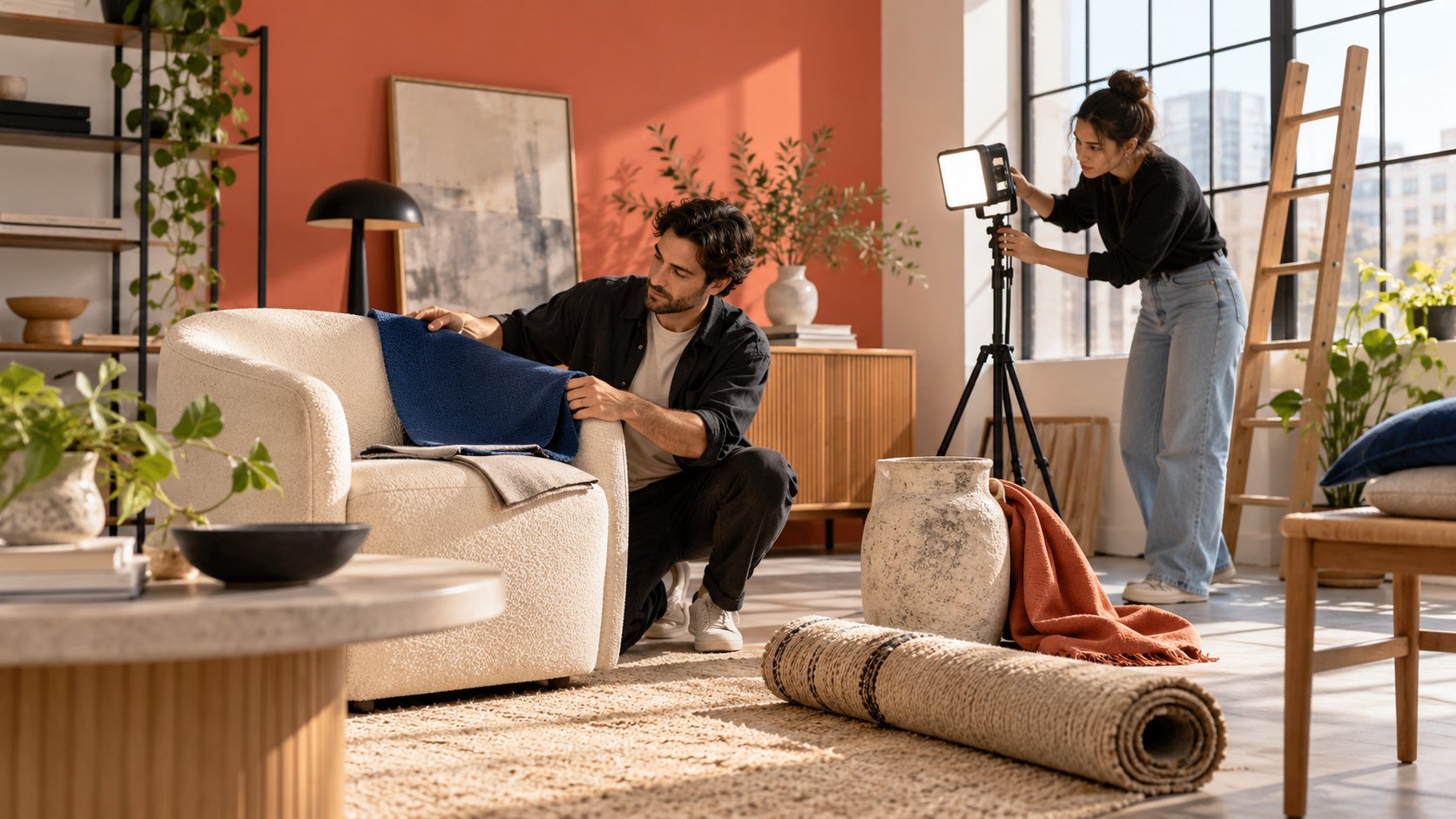 A fictional home creator checks a blue fabric swatch in a bright partly furnished room while a producer adjusts lighting.