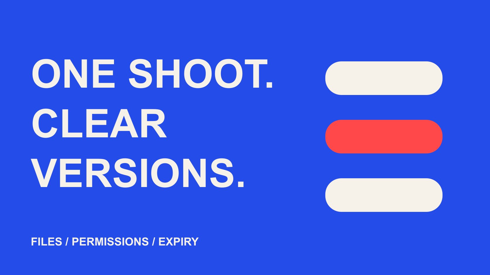 Bold type and separate version cards on a cream background emphasize one shoot and clearly managed versions.