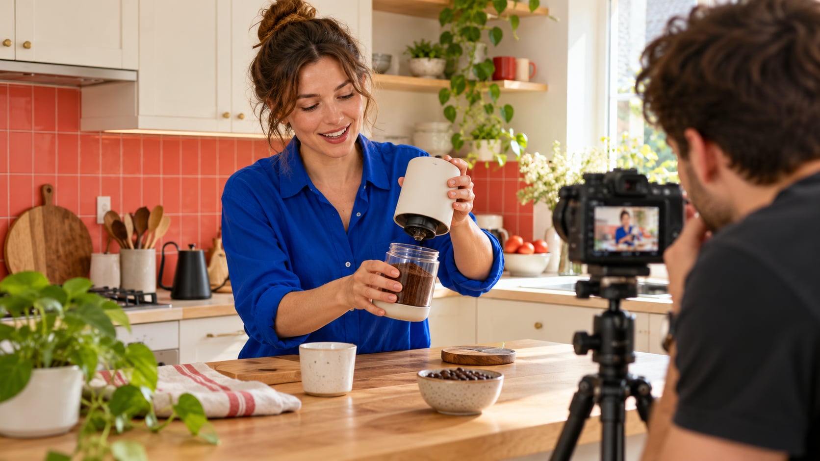 A creator in a blue shirt demonstrates a cream coffee grinder in a bright kitchen while a producer operates a camera on a tripod.