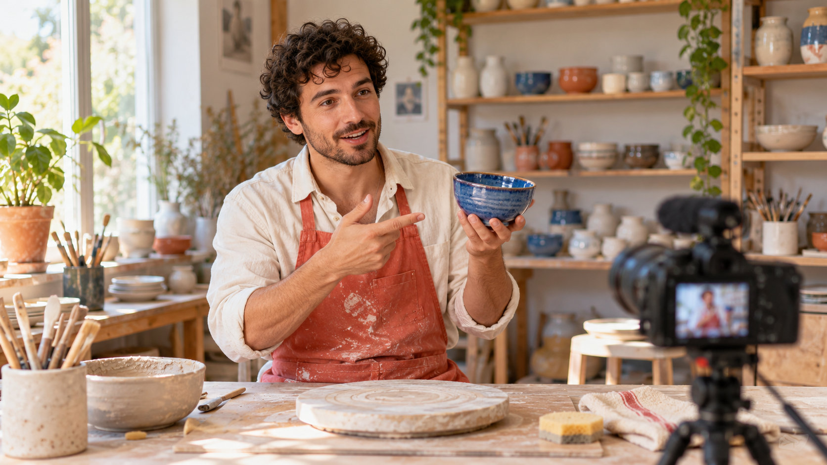 A ceramics educator in a coral apron explains a blue bowl to a camera in a bright working studio.